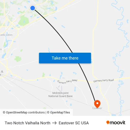 Two Notch Valhalla North to Eastover SC USA map