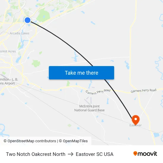 Two Notch Oakcrest North to Eastover SC USA map