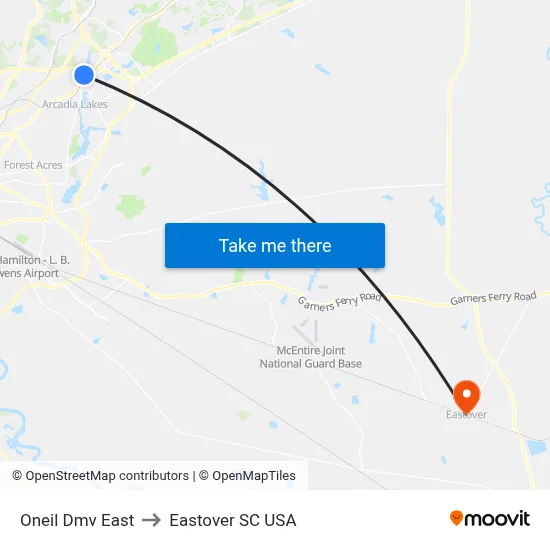 Oneil Dmv East to Eastover SC USA map