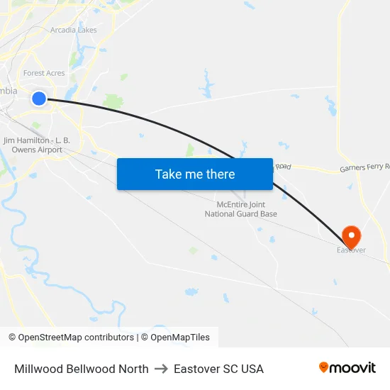 Millwood Bellwood North to Eastover SC USA map