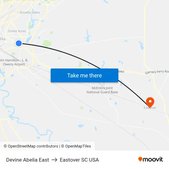 Devine Abelia East to Eastover SC USA map