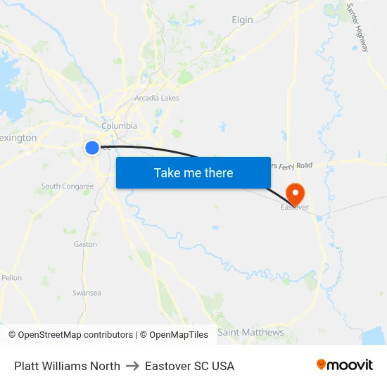 Platt Williams North to Eastover SC USA map