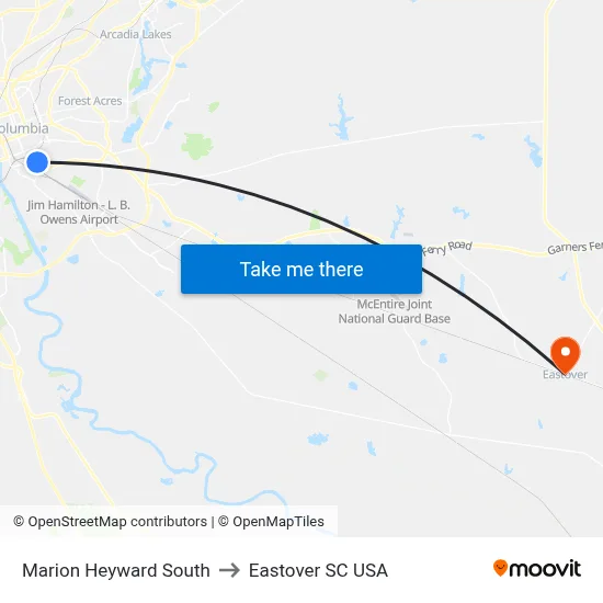 Marion Heyward South to Eastover SC USA map