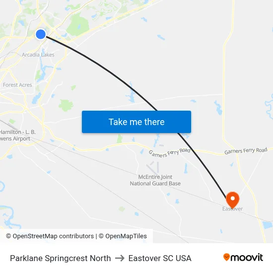 Parklane Springcrest North to Eastover SC USA map