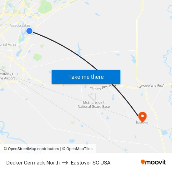 Decker Cermack North to Eastover SC USA map
