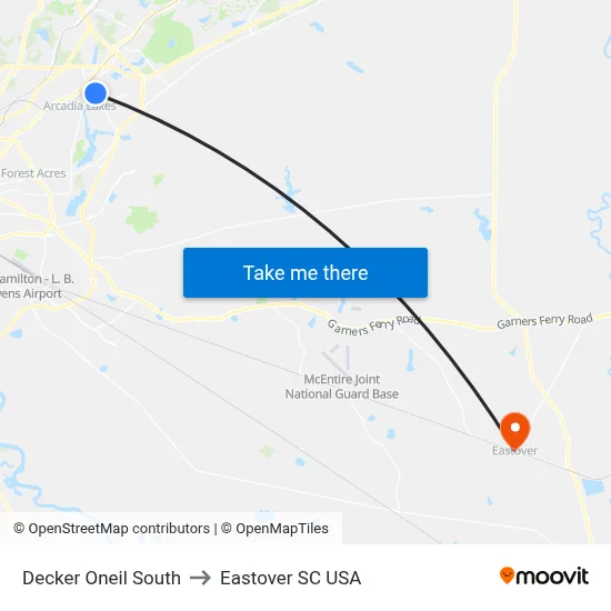 Decker Oneil South to Eastover SC USA map