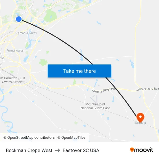 Beckman Crepe West to Eastover SC USA map