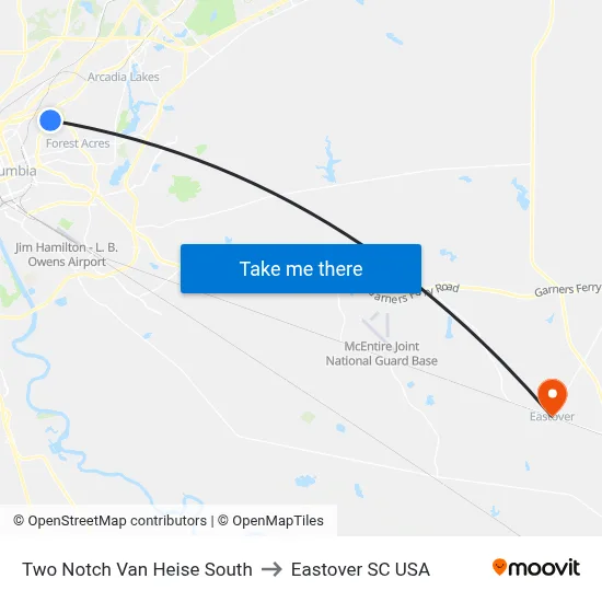 Two Notch Van Heise South to Eastover SC USA map