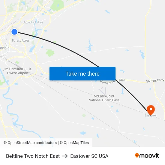 Beltline Two Notch East to Eastover SC USA map