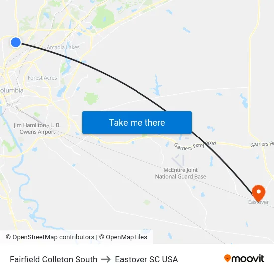 Fairfield Colleton South to Eastover SC USA map