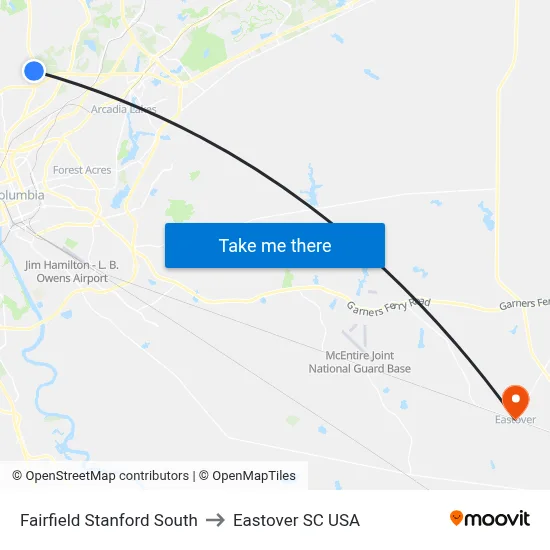 Fairfield Stanford South to Eastover SC USA map