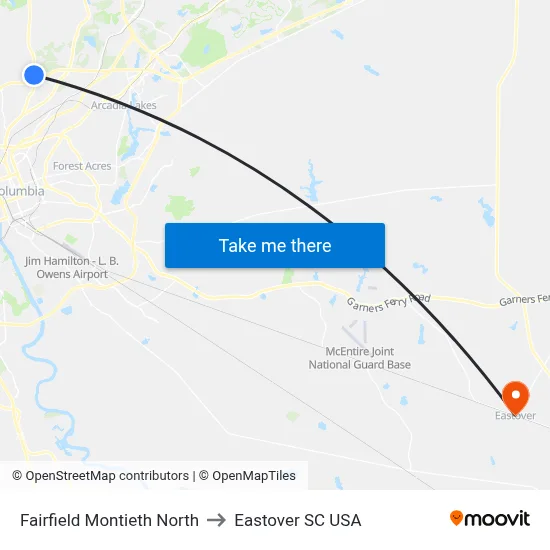 Fairfield Montieth North to Eastover SC USA map