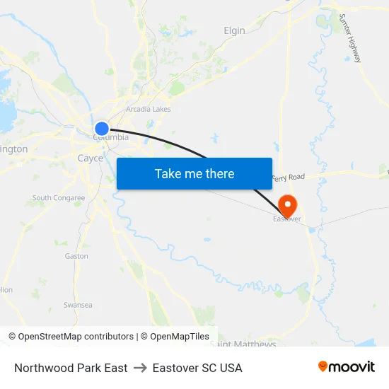 Northwood Park East to Eastover SC USA map
