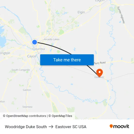 Woodridge Duke South to Eastover SC USA map