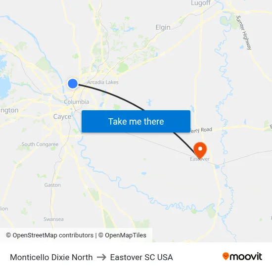 Monticello Dixie North to Eastover SC USA map