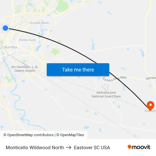 Monticello Wildwood North to Eastover SC USA map
