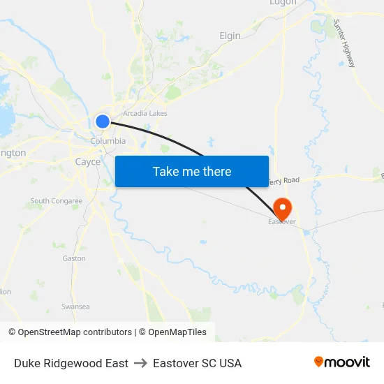 Duke Ridgewood East to Eastover SC USA map