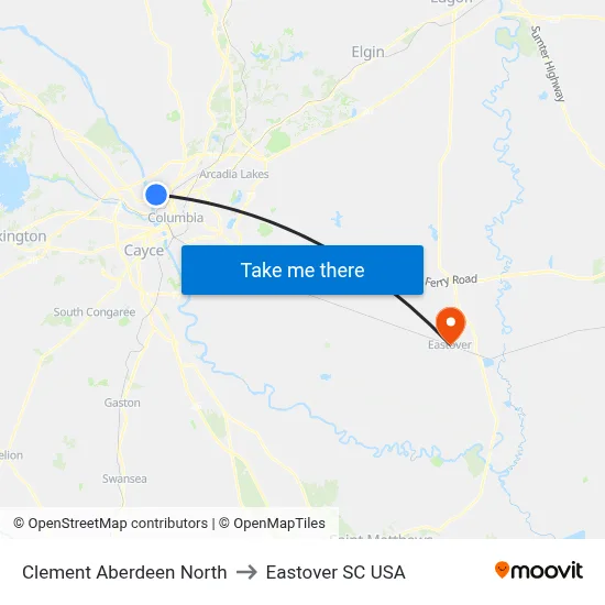 Clement Aberdeen North to Eastover SC USA map