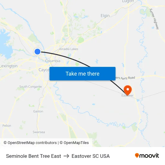 Seminole Bent Tree East to Eastover SC USA map