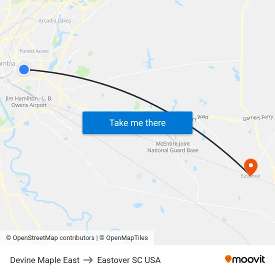 Devine Maple East to Eastover SC USA map