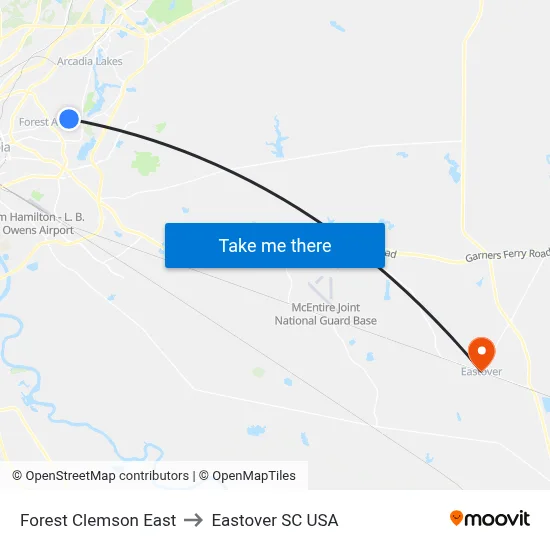 Forest Clemson East to Eastover SC USA map