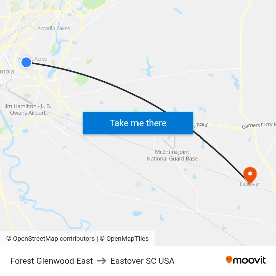 Forest Glenwood East to Eastover SC USA map
