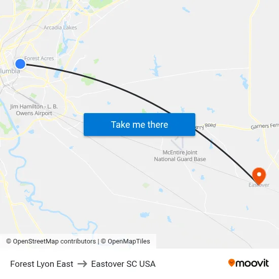 Forest Lyon East to Eastover SC USA map