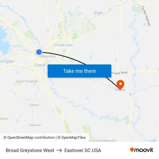 Broad Greystone West to Eastover SC USA map