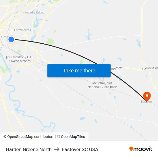 Harden Greene North to Eastover SC USA map