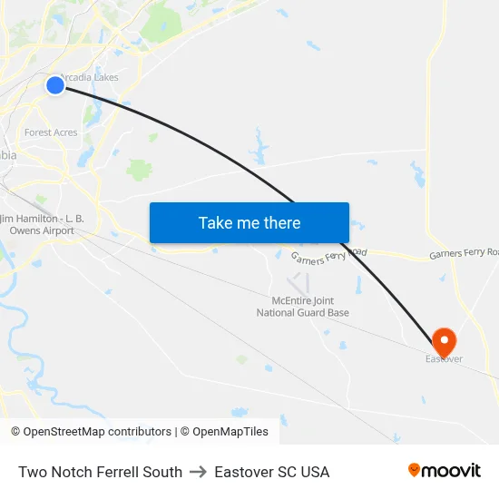 Two Notch Ferrell South to Eastover SC USA map