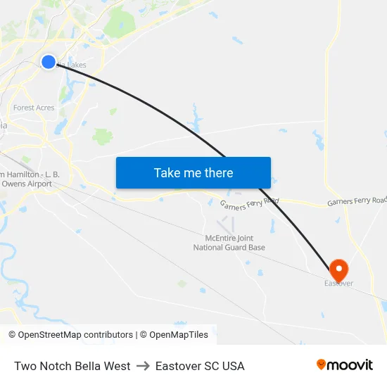 Two Notch Bella West to Eastover SC USA map