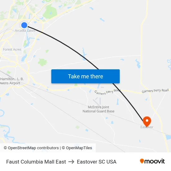 Faust Columbia Mall East to Eastover SC USA map