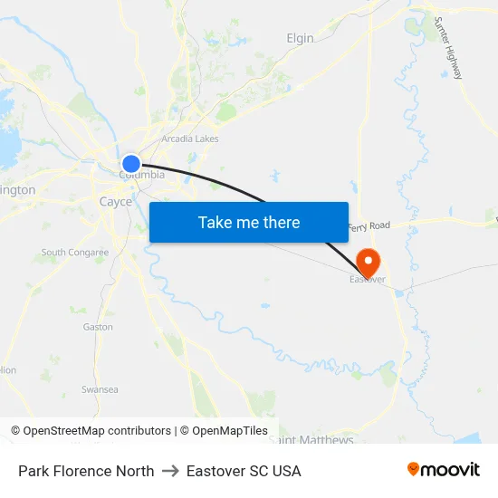 Park Florence North to Eastover SC USA map