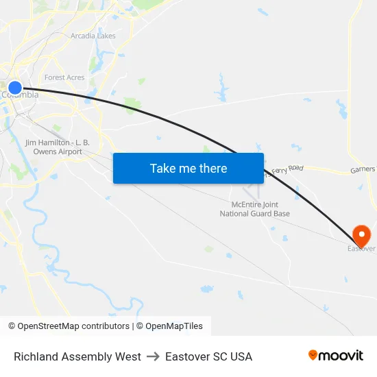 Richland Assembly West to Eastover SC USA map