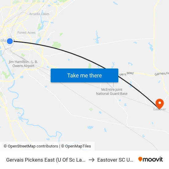 Gervais Pickens East (U Of Sc Law) to Eastover SC USA map