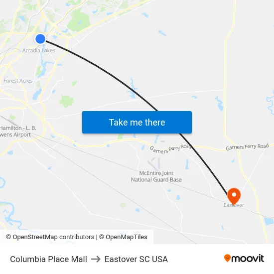 Columbia Place Mall to Eastover SC USA map