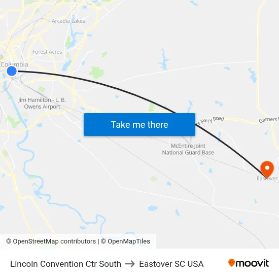 Lincoln Convention Ctr South to Eastover SC USA map