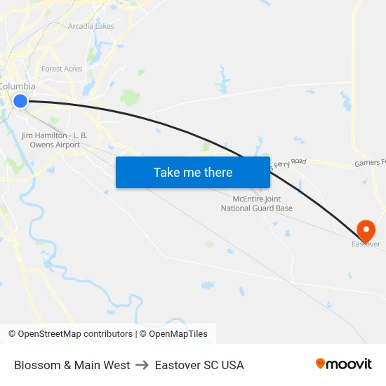 Blossom & Main West to Eastover SC USA map