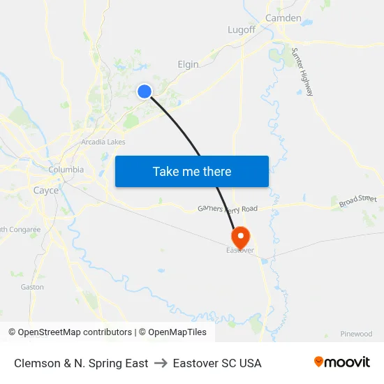 Clemson & N. Spring East to Eastover SC USA map