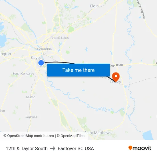12th & Taylor South to Eastover SC USA map