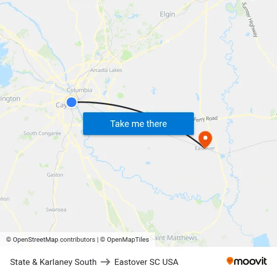 State & Karlaney South to Eastover SC USA map
