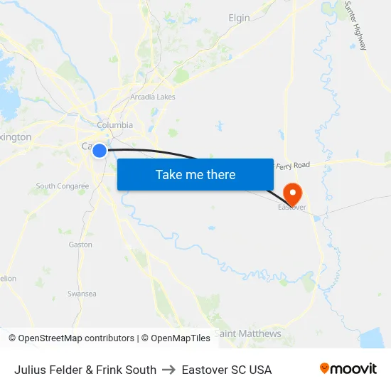 Julius Felder & Frink South to Eastover SC USA map