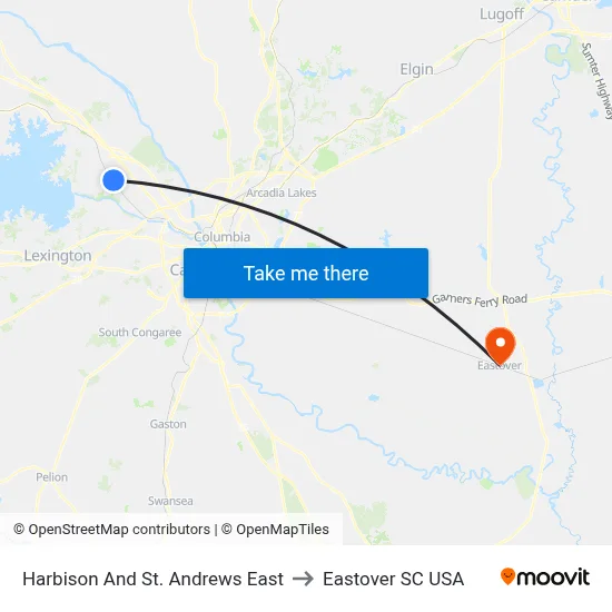 Harbison And St. Andrews East to Eastover SC USA map