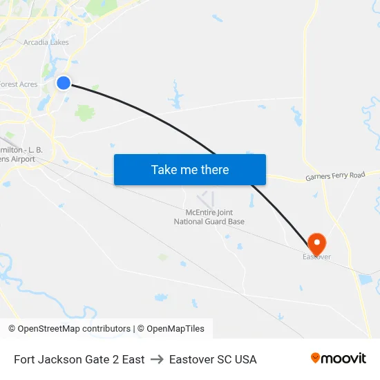 Fort Jackson Gate 2 East to Eastover SC USA map