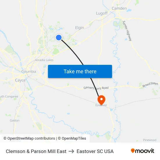 Clemson & Parson Mill East to Eastover SC USA map