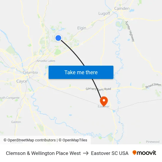 Clemson & Wellington Place West to Eastover SC USA map