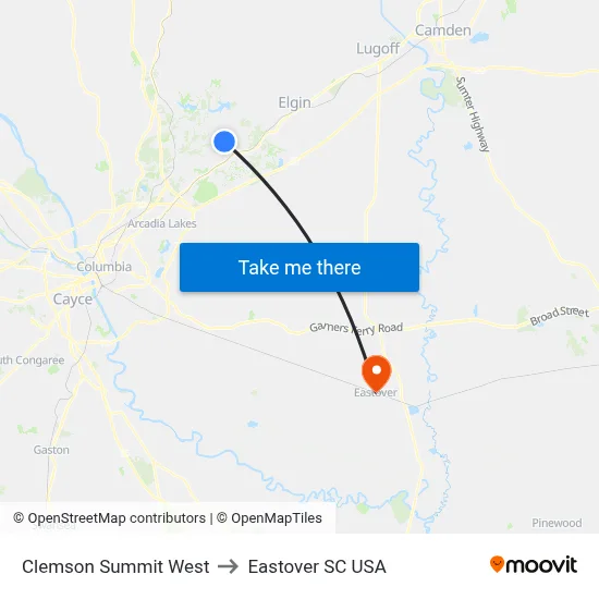 Clemson Summit West to Eastover SC USA map