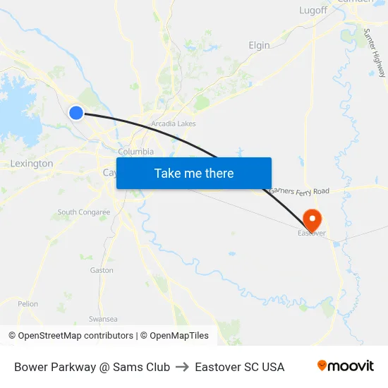 Bower Parkway @ Sams Club to Eastover SC USA map