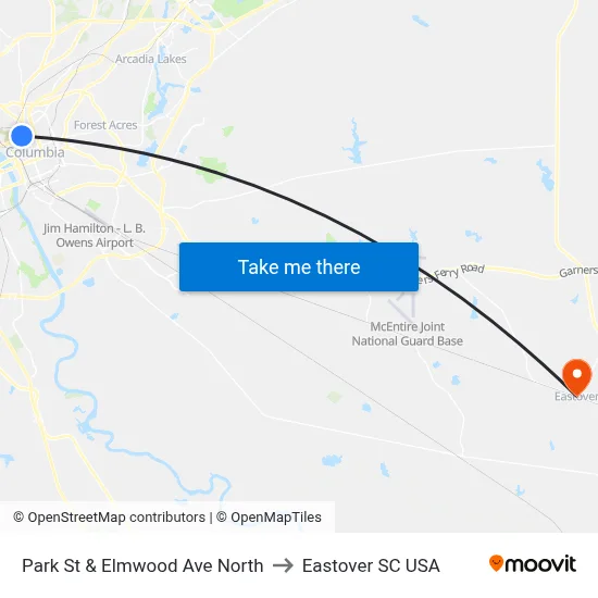 Park St & Elmwood Ave North to Eastover SC USA map