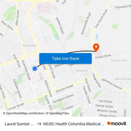 Laurel Sumter East to MUSC Health Columbia Medical Center map